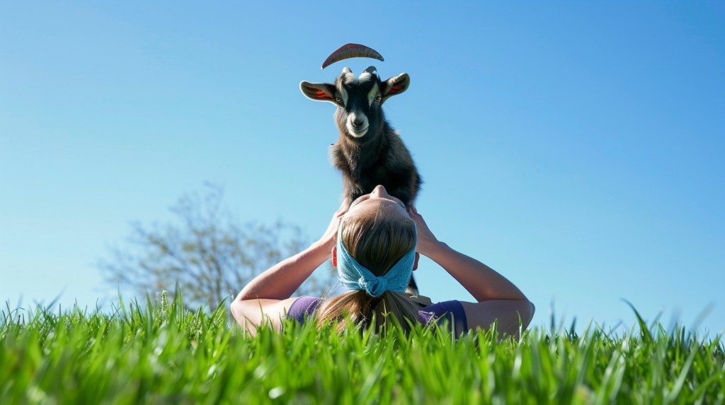 Miniature goat stands on lady laying down in grass